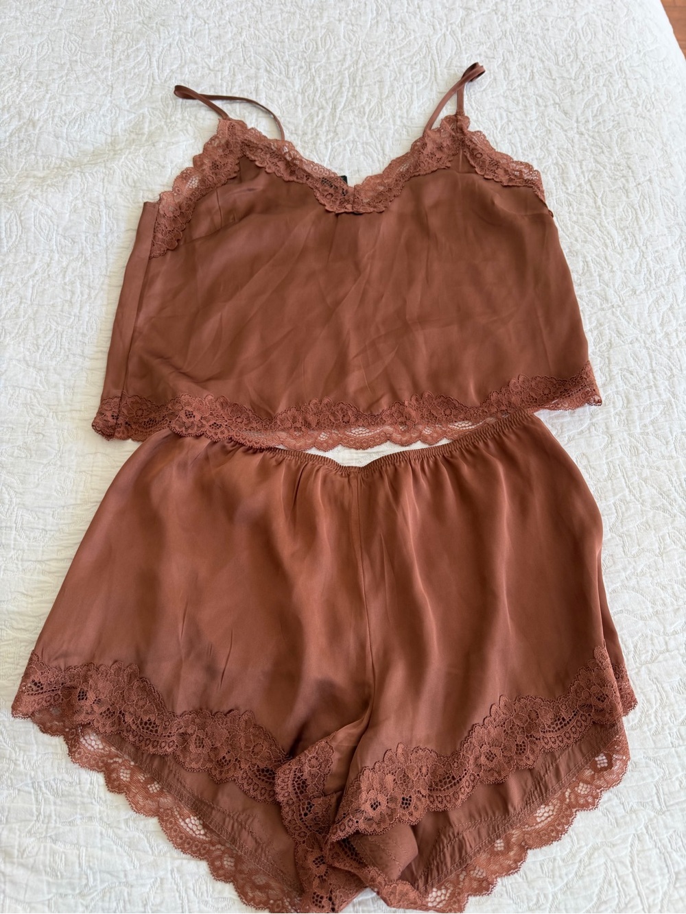 H&M Lace Trimmed Satin Pajamas Small Dark Dusty Pink/ Brown